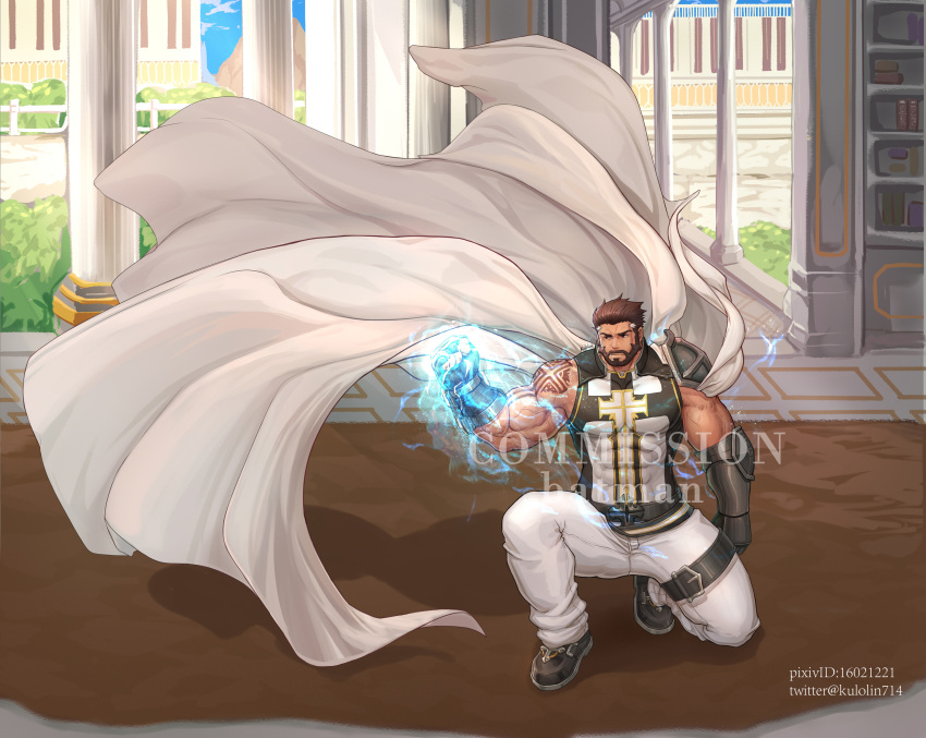 1boy aura bara beard biceps brown_hair cape character_request check_character column_lineup commission commission_watermark cross_print dungeon_and_fighter energy_fist facial_hair full_body highres kulolin large_pectorals leg_belt male_focus male_priest_(dungeon_and_fighter) mature_male multicolored_hair muscular muscular_male mustache on_one_knee pants pectorals saint_(dungeon_and_fighter) shirt short_hair sidepec sleeveless solo streaked_hair thick_thighs thighs tight_clothes tight_shirt white_cape white_pants