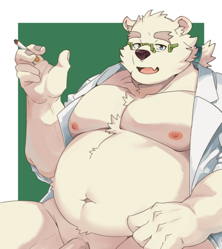 1boy animal_ears bara bare_pectorals bear_boy bear_ears blush bottomless cigarette fang furry furry_male glasses green-framed_eyewear highres large_pectorals leib_(housamo) looking_at_viewer male_focus mature_male muscular muscular_male nipples open_clothes open_shirt out-of-frame_censoring pectorals penis_out_of_frame plump shirotoki_(qdng0atngbaqmce) short_hair skin_fang smile solo stomach thick_eyebrows tokyo_afterschool_summoners