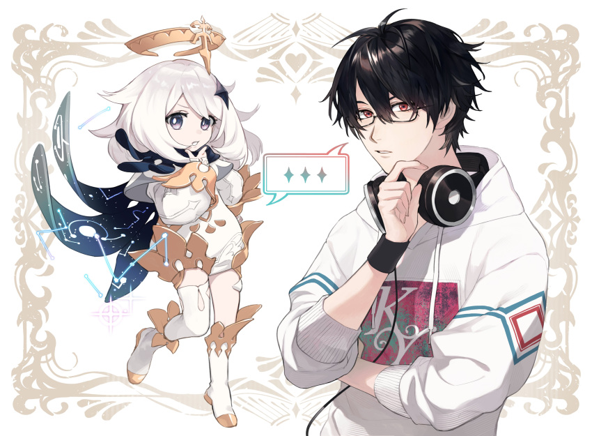 1boy 1girl absurdres black-framed_eyewear black_hair black_scarf dress floating genshin_impact glasses hair_ornament halo hand_on_own_chin headphones headphones_around_neck highres hood hood_down hoodie iv_4t mechanical_halo nijisanji paimon_(genshin_impact) red_eyes scarf virtual_youtuber white_dress white_hair white_hoodie wristband yumeoi_kakeru