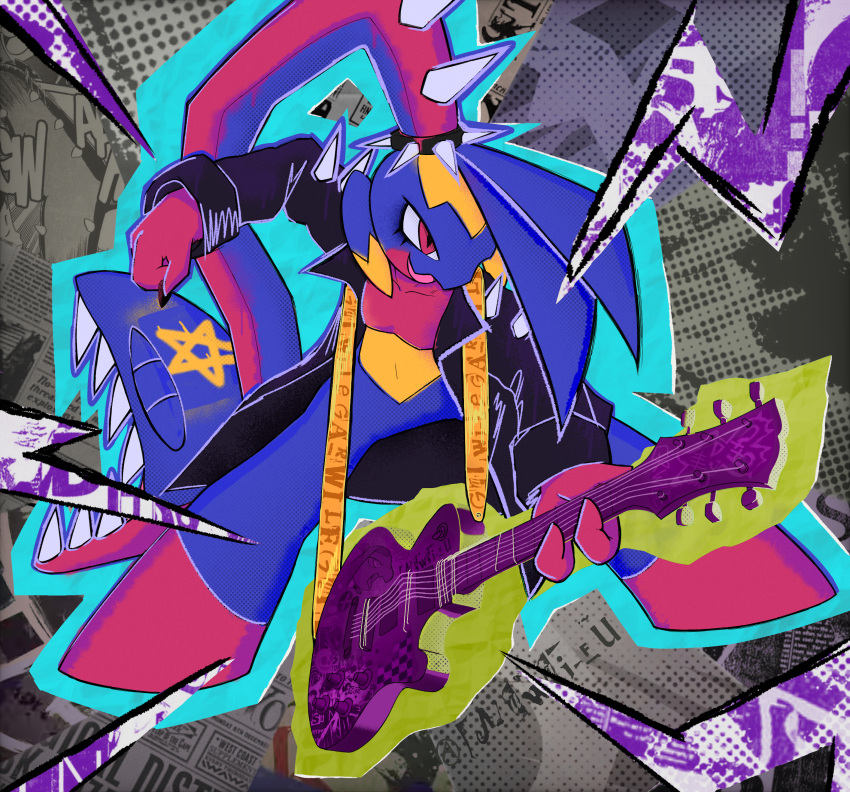 2023 3_fingers absurd_res bangs black_clothing black_jacket black_topwear blue_body blue_hair blue_outline blue_scales breasts clothing female fingers garchomp generation_3_pokemon generation_4_pokemon guitar hair hair_mouth hi_res humanoid hybrid jacket leg_markings markings mawaifu mawile musical_instrument navel nintendo open_mouth outline plucked_string_instrument pokemon pokemon_(species) punk red_body red_eyes red_hair red_scales scales sharp_teeth socks_(marking) solo spikes spikes_(anatomy) star_(marking) string_instrument style_parody teeth topwear yellow_body yellow_markings yellow_scales