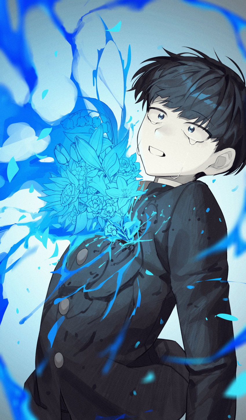 1boy 1didi11di absurdres arms_at_sides black_hair bleeding blood blue_eyes blue_flower blue_theme bowl_cut crying floating_hair flower from_side gakuran grey_background highres kageyama_shigeo lily_(flower) lily_of_the_valley liquid long_sleeves looking_ahead male_focus mob_psycho_100 sad school_uniform short_hair solo sunflower tulip upper_body