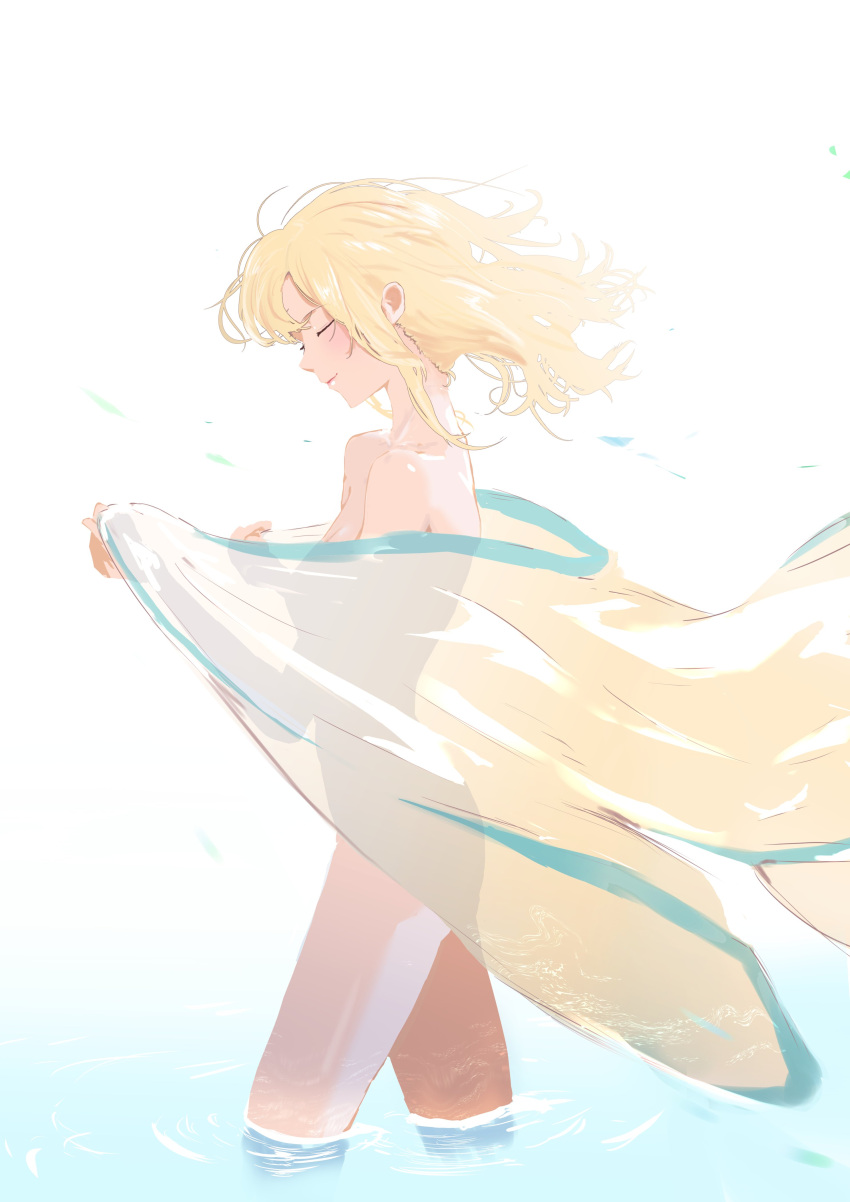 1girl absurdres blonde_hair breasts closed_eyes closed_mouth cohi27151463 commentary completely_nude falling_leaves feet_out_of_frame haori haori_removed highres holding holding_clothes hololive japanese_clothes kazama_iroha leaf medium_breasts medium_hair nude see-through_silhouette smile solo standing virtual_youtuber wading water wind