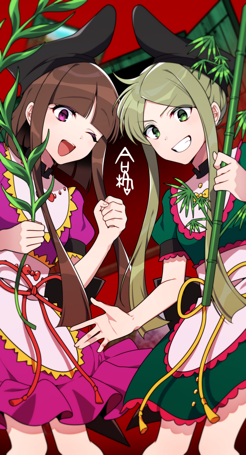 2girls absurdres apron bamboo black_headwear bow brown_hair dress feet_out_of_frame green_dress green_eyes green_hair grin hat highres holding kamenozoki_momomo multiple_girls myouga_(plant) nishida_satono one_eye_closed open_mouth puffy_short_sleeves puffy_sleeves purple_dress purple_eyes red_bow short_hair_with_long_locks short_sleeves sidelocks smile teireida_mai touhou waist_apron white_apron yellow_bow