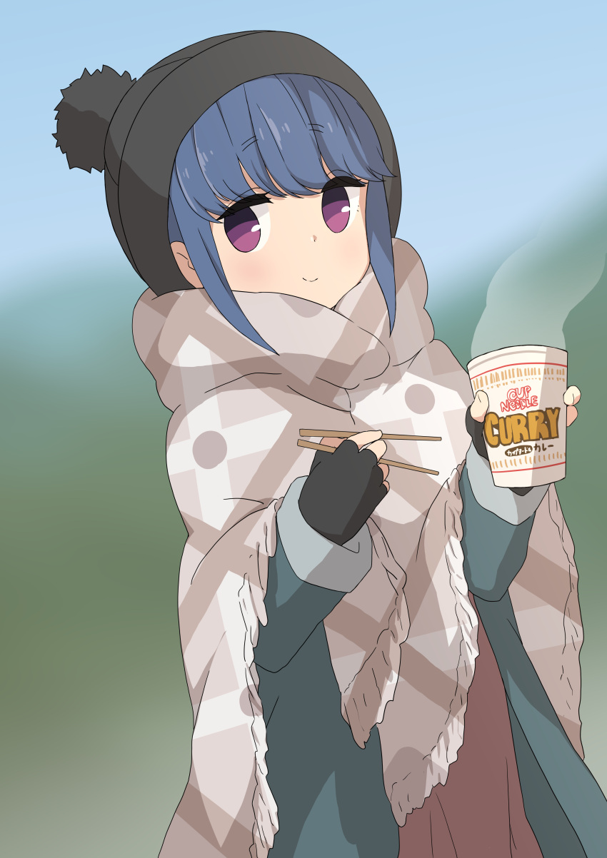 1girl absurdres black_gloves black_headwear blue_hair chopsticks closed_mouth coat commentary_request cup cup_ramen dress fingerless_gloves gloves green_coat highres holding holding_chopsticks holding_cup instant_ramen kicchi_(tmgk) open_clothes open_coat purple_eyes red_dress scarf shima_rin sidelocks smile solo yurucamp
