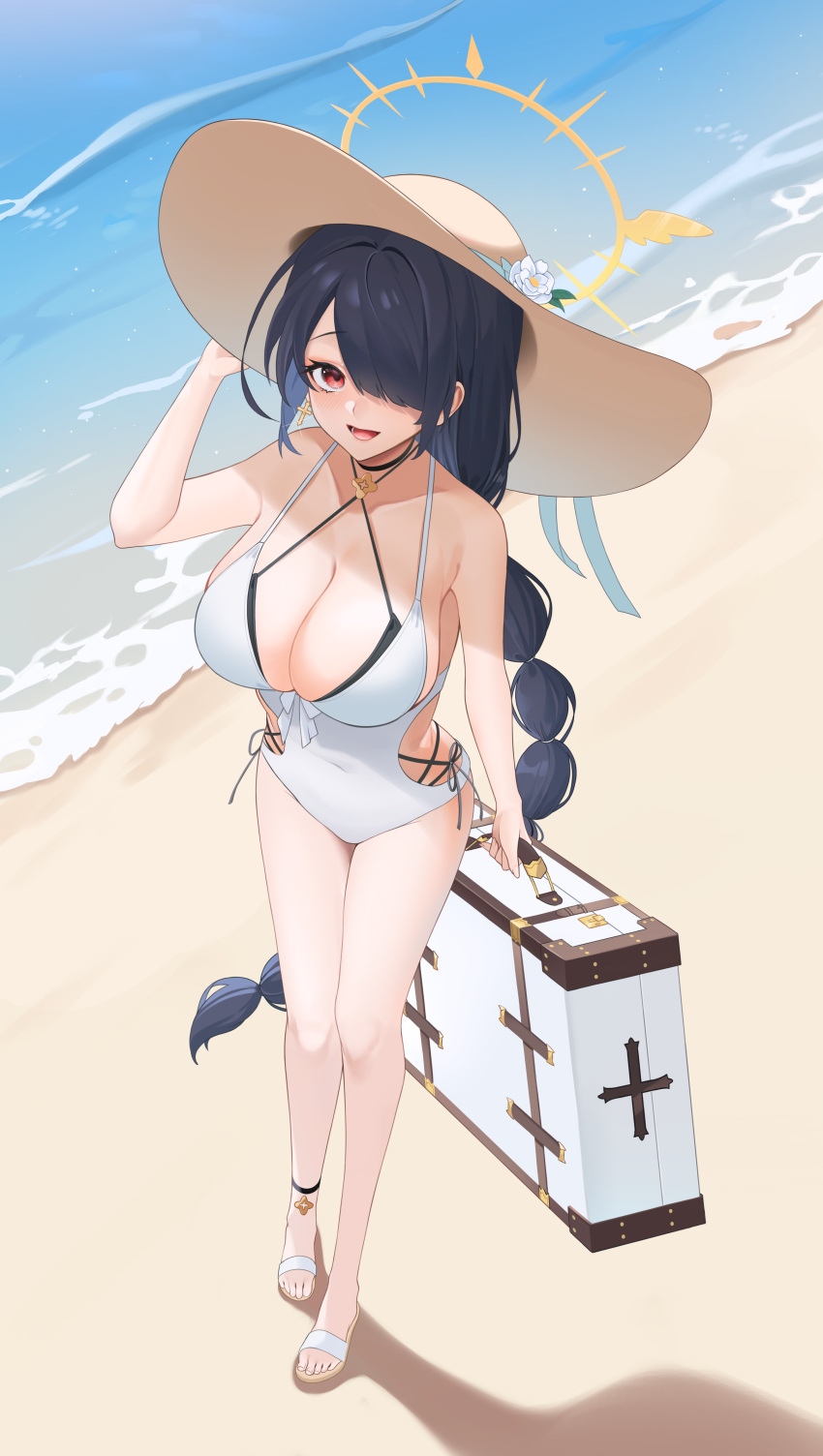 1girl absurdres bag beach bikini black_bikini black_hair blue_archive breasts cleavage covered_navel criss-cross_halter hair_over_one_eye halo halterneck hat highres hinata_(blue_archive) hinata_(swimsuit)_(blue_archive) holding holding_bag large_breasts long_hair looking_at_viewer looking_up official_alternate_costume one-piece_swimsuit one_eye_covered outdoors red_eyes sandals side-tie_bikini_bottom solo sun_hat swimsuit toes very_long_hair white_one-piece_swimsuit zeil