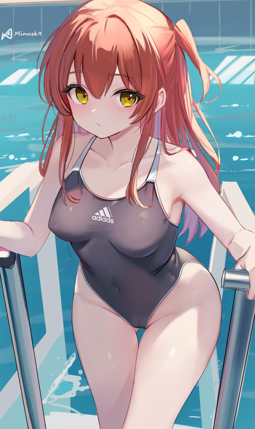 1girl absurdres adidas armpits ass_visible_through_thighs bare_legs bare_shoulders blush bocchi_the_rock! breasts cameltoe closed_mouth collarbone competition_swimsuit covered_navel covered_nipples groin hair_between_eyes highres kita_ikuyo looking_at_viewer medium_hair minusk9 one-piece_swimsuit ponytail pool pool_ladder red_hair side_ponytail sideboob sidelocks signature small_breasts solo strap swimsuit thighs water wide_hips yellow_eyes