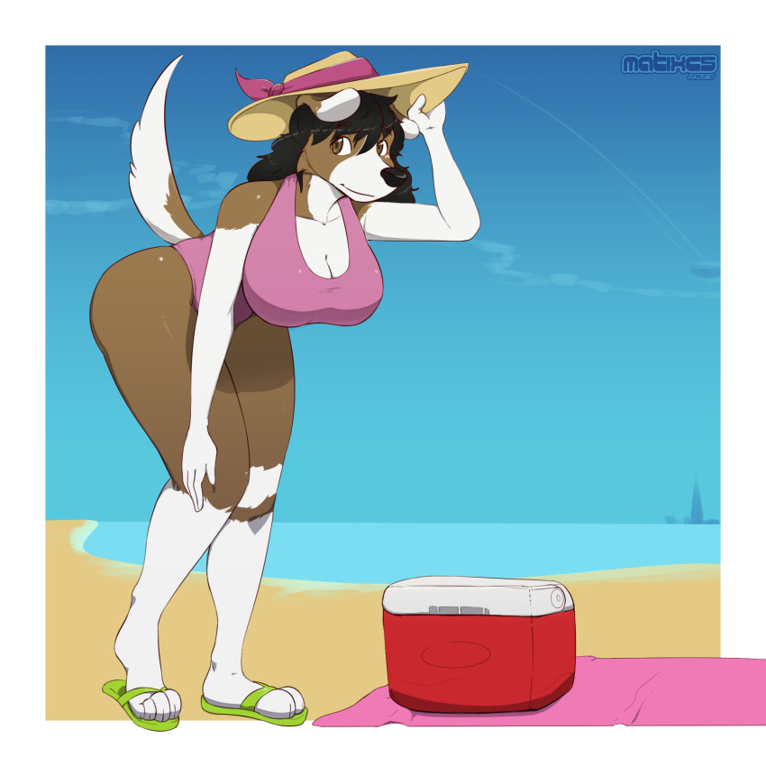 anthro beach big_breasts breasts canid canine canis cleavage clothed clothing domestic_dog female hanging_breasts hat headgear headwear hi_res mammal mati_(matixcs) matixcs one-piece_swimsuit seaside small_waist solo swimwear tail thick_thighs wide_hips