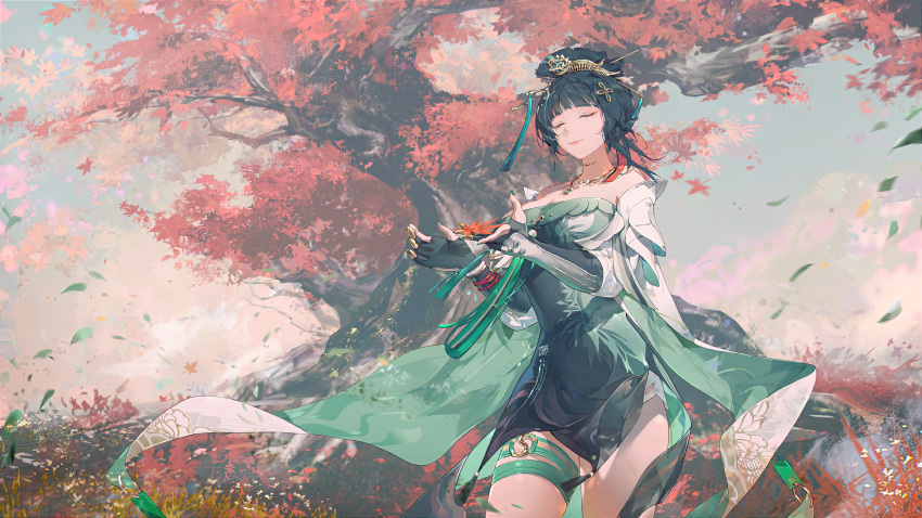 1girl absurdres autumn_leaves blunt_bangs breasts chinese_clothes cleavage closed_eyes dark_green_hair detached_sleeves dress floating floating_object gloves grass green_dress green_hair hair_ornament hair_stick hairpin hanying_(punishing:_gray_raven) highres jewelry large_breasts leaf light_smile maple_leaf mole mole_under_eye necklace off-shoulder_dress off_shoulder on_grass outdoors partially_fingerless_gloves punishing:_gray_raven solo standing thigh_strap thighs tree yanderenasa