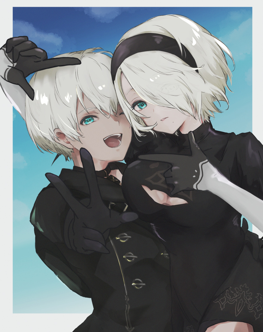 1boy 1girl absurdres black_coat black_dress black_gloves black_hairband blue_eyes blue_sky cleavage_cutout clothing_cutout coat couple dress gloves hair_over_one_eye hairband hetero highres nagisa_(wwnf4585) nier:automata nier_(series) open_mouth short_hair sky smile v white_hair yorha_no._2_type_b yorha_no._9_type_s