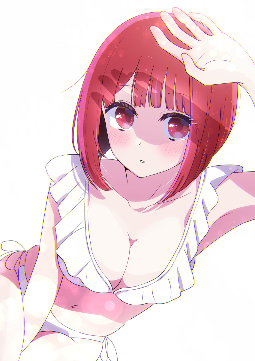 1girl absurdres arima_kana blush bob_cut breasts chouchou_aile highres inverted_bob navel oshi_no_ko red_eyes red_hair short_hair simple_background solo swimsuit white_background white_swimsuit