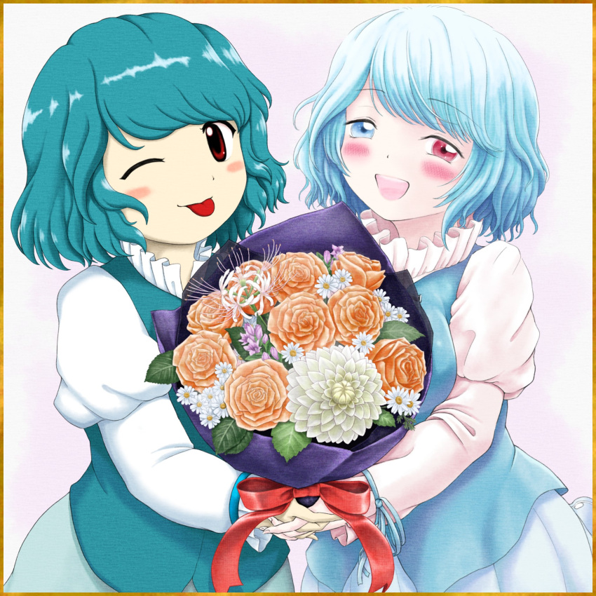 2girls :d ;q artist_request blue_eyes blue_hair blue_vest blush bouquet collaboration commentary_request dual_persona heterochromia highres holding holding_bouquet juliet_sleeves long_sleeves looking_at_viewer multiple_girls one_eye_closed open_mouth parasite_oyatsu puffy_sleeves red_eyes short_hair smile tatara_kogasa tongue tongue_out touhou vest zun_(style)