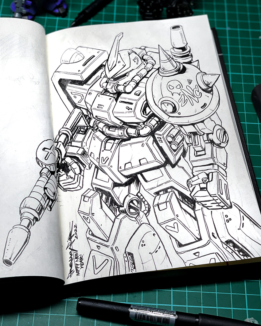 2022 art_tools_in_frame freakyfir from_above gun gundam happy_new_year highres holding holding_gun holding_weapon ink_(medium) looking_ahead mecha mobile_suit mobile_suit_gundam no_humans one-eyed photo_(medium) redesign robot shoulder_spikes signature solo spikes traditional_media weapon zaku_ii zeon