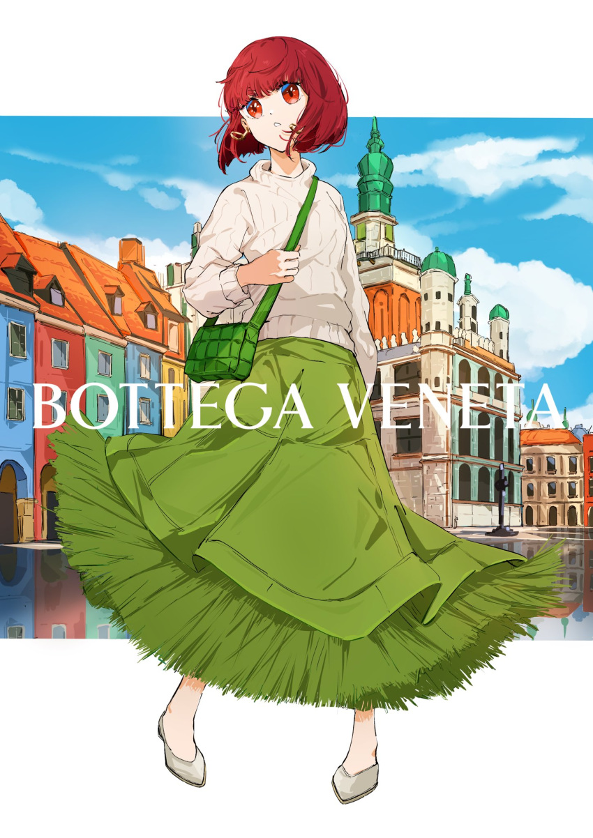 1girl arima_kana bag blue_sky bob_cut building cloud commentary earrings floating_hair full_body green_bag green_skirt highres inverted_bob jewelry long_sleeves medium_hair open_mouth oshi_no_ko outdoors red_eyes red_hair ribbed_sweater shoulder_bag skirt sky solo sweater t.k.c white_background white_footwear white_sweater