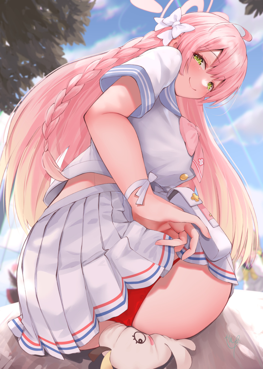 1girl absurdres ahoge ass blue_archive blush bow braid closed_mouth clothes_lift day from_behind green_eyes hair_bow hair_ornament halo hanako_(blue_archive) highres lifted_by_self long_hair looking_at_viewer narushima_kanna outdoors panties pink_hair red_panties school_uniform serafuku shirt short_sleeves side_braid sitting skirt skirt_lift smile underwear white_bow white_serafuku white_shirt white_skirt