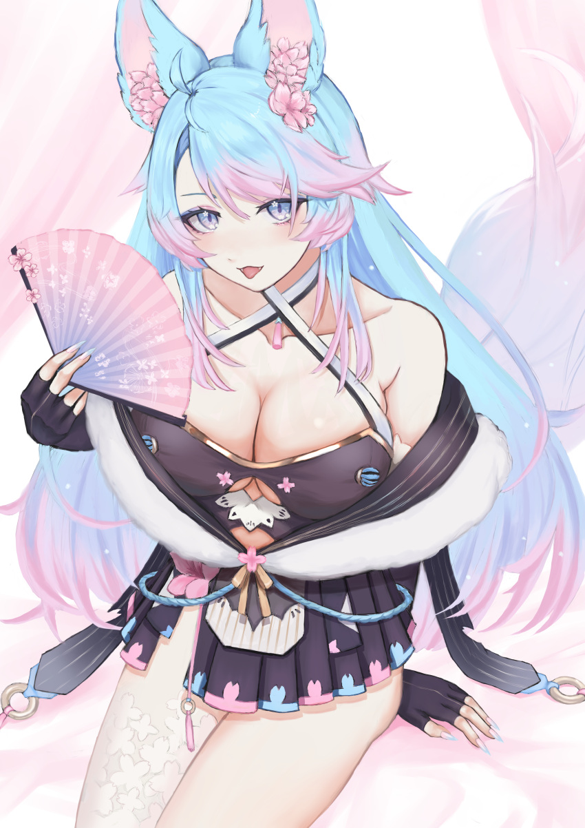 1girl absurdres animal_ear_fluff animal_ears bangs black_gloves black_kimono black_shawl blue_eyes blue_hair blue_nails breasts cherry_blossoms cleavage clothing_cutout fingerless_gloves flower gloves hair_flower hair_ornament halterneck hand_fan highres holding holding_fan japanese_clothes kimono large_breasts long_hair looking_at_viewer momomoto82 multicolored_hair multicolored_tail nail_polish navel_cutout open_mouth paper_fan pink_flower pink_hair pink_tail shawl silvervale smile solo streaked_hair swept_bangs tail virtual_youtuber vshojo wolf_ears wolf_girl wolf_tail