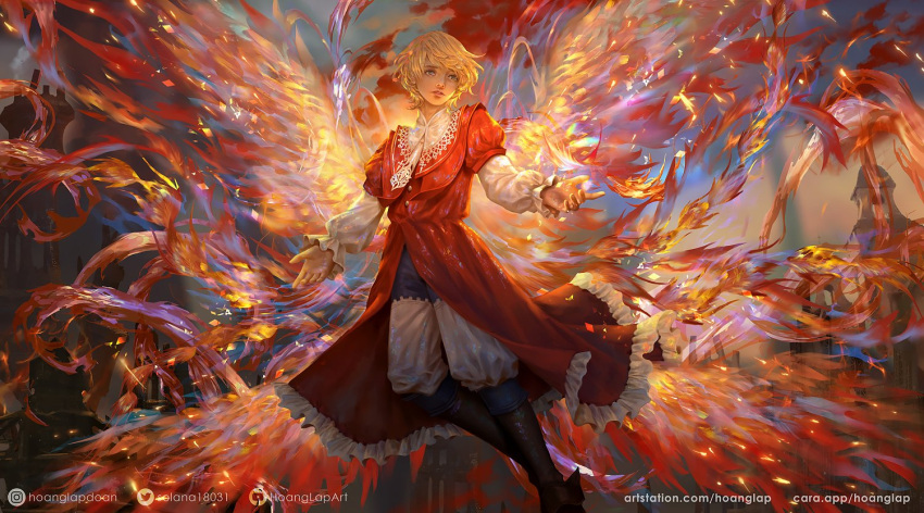 1boy bird blonde_hair blue_eyes feathered_wings feathers final_fantasy final_fantasy_xvi fire glowing joshua_rosfield phoenix phoenix_(final_fantasy) puffy_sleeves red_robe robe short_hair solan solo transformation wings