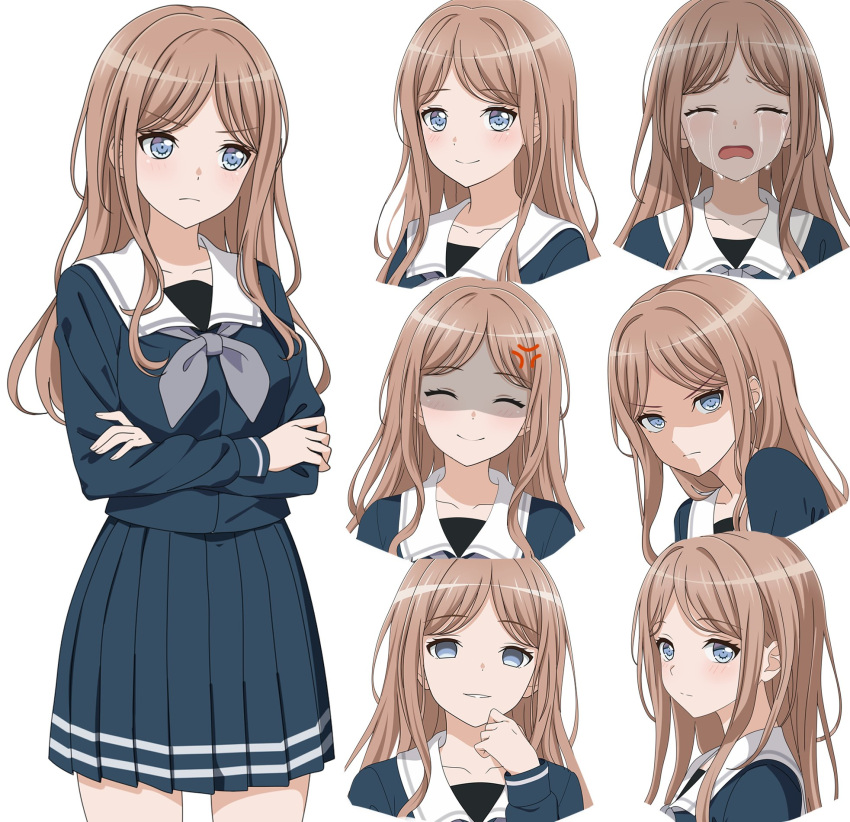 1girl anger_vein bang_dream! bang_dream!_it's_mygo!!!!! blue_eyes blue_skirt breasts brown_hair crying fries_vanquisher grey_neckerchief highres long_hair multiple_views nagasaki_soyo neckerchief pleated_skirt sailor_collar school_uniform serafuku skirt smile tsukinomori_school_uniform