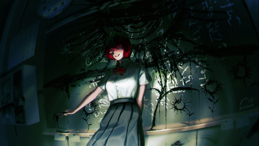 1girl absurdres aku_no_hana bob_cut bow chalkboard classroom creepy_eyes dark_background evil_smile flashlight flower glasses highres horror_(theme) looking_at_viewer paintbrush red_bow red_eyes red_hair school_uniform smile zacarin_hobbiton