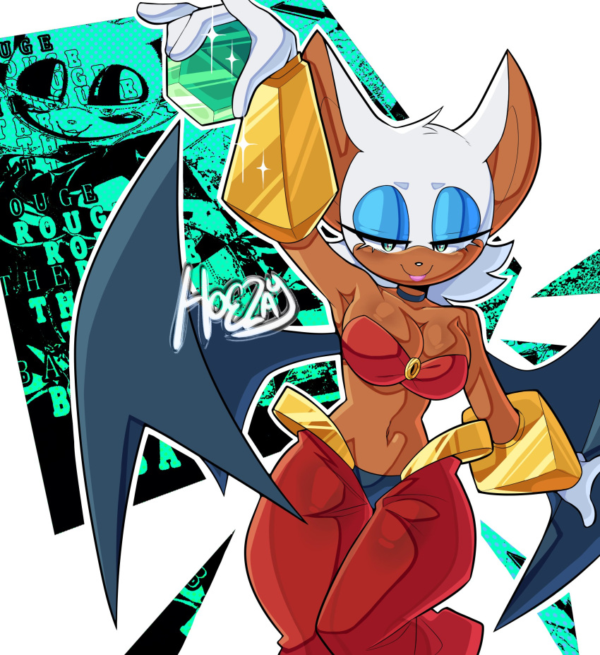 2023 absurd_res bat breasts brown_body brown_skin chaos_emerald cleavage clothed clothing cosplay crossover crossover_cosplay english_text eyeshadow female fur gem gloves handwear hi_res hoezayburger looking_at_viewer makeup mammal narrowed_eyes rouge_the_bat sega shantae shantae_(series) signature smile solo sonic_the_hedgehog_(series) text wayforward white_body white_fur wings