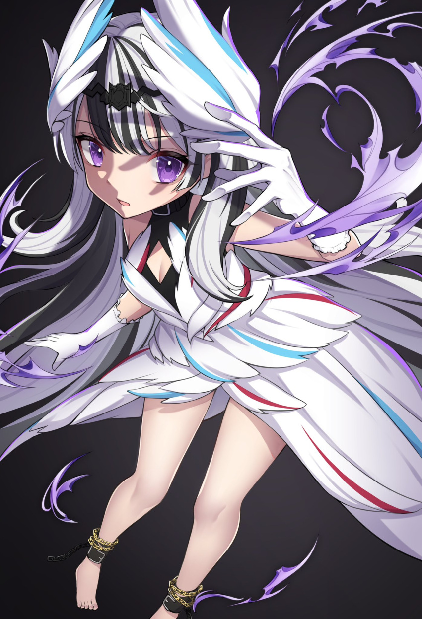 1girl aura bare_shoulders black_choker black_hair breasts choker dark_aura dress feather_hair_ornament feathers fire_emblem fire_emblem_engage grey_hair hair_ornament hako_momiji highres long_hair looking_at_viewer multicolored_hair parted_lips petite purple_eyes small_breasts solo two-tone_hair very_long_hair veyle_(fire_emblem) wavy_hair