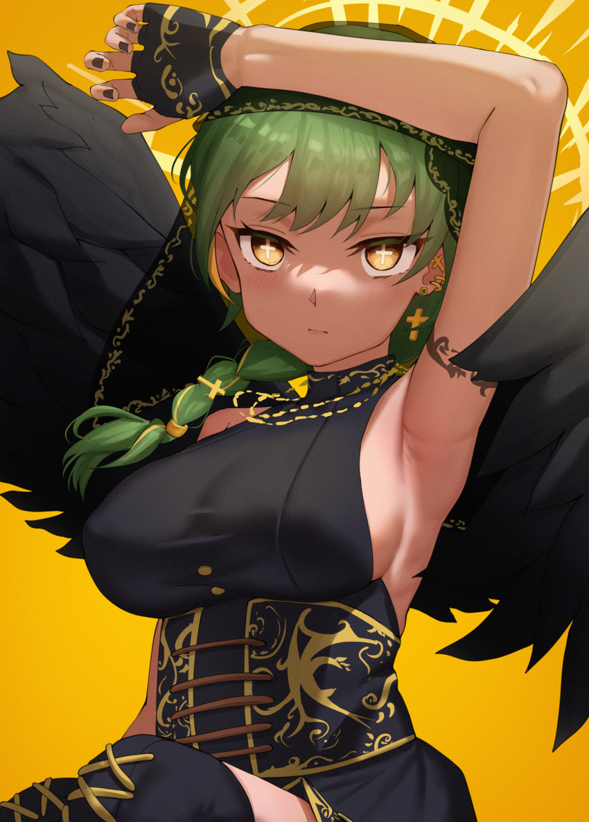 1girl absurdres armpits black_gloves black_wings braid breasts closed_mouth commentary_request cross cross-shaped_pupils cross_earrings earrings fingerless_gloves gloves gradient_background halo highres indie_virtual_youtuber jewelry large_breasts looking_at_viewer masamika10086 medium_hair orange_background roma_roma single_braid symbol-shaped_pupils virtual_youtuber wings yellow_eyes yellow_halo