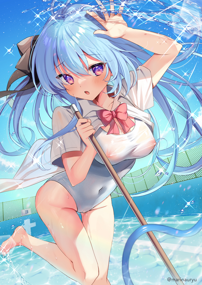 1girl arm_up bare_legs barefoot blue_hair blue_sky blush bow breasts chain-link_fence cleavage cloud collared_shirt commentary_request covered_navel covered_nipples day dress_shirt fence groin hair_between_eyes highres long_hair looking_at_viewer medium_breasts natsuki_marina one-piece_swimsuit open_clothes open_shirt original outdoors parted_lips purple_eyes red_bow shirt short_sleeves signature sky smile solo splashing standing standing_on_one_leg swimsuit swimsuit_under_clothes very_long_hair water white_one-piece_swimsuit white_shirt