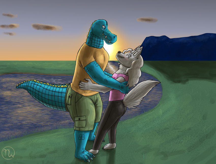 2023 3_toes 4_fingers 5_fingers absurd_res alligator alligatorid anthro artist_logo azrael_(tertia) azurlligator barefoot big_butt big_tail black_bottomwear black_clothing black_nose black_pants blue_body blue_eyes blue_scales blush bottomwear bulging_neck butt canid canine canis clawed_fingers claws clothed clothing cloud crocodilian digital_drawing_(artwork) digital_media_(artwork) duo eyes_closed fangs feet fingers fluffy fluffy_tail fur grass green_bottomwear green_clothing green_shorts grey_body grey_fur hair half-closed_eyes hand_on_back hand_on_hip hi_res inner_ear_fluff larger_male logo male male/male mammal membrane_(anatomy) mountain multicolored_body multicolored_scales narrowed_eyes nathile_tiduna neck_tuft orange_clothing orange_shirt orange_topwear pants pink_clothing pink_shirt pink_tank_top pink_topwear plant reptile river scales scalie scutes shirt shorter_male shorts size_difference sky skywater smaller_male smile smiling_at_another smiling_at_each_other smiling_at_partner sun sunset tail taller_male tank_top teeth thick_thighs toe_claws toes topwear tuft wavy_hair webbed_feet white_hair wide_hips wolf