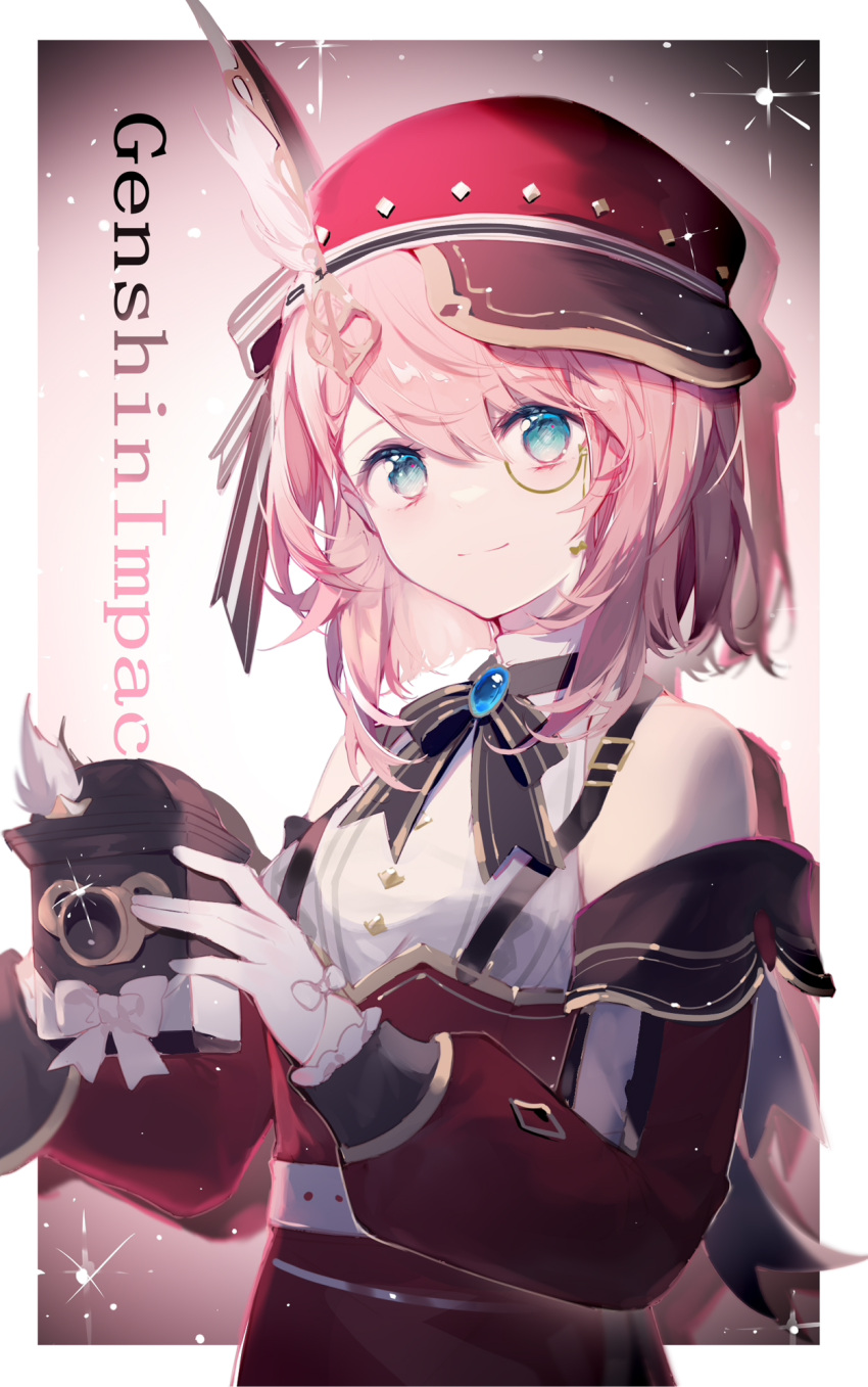 1girl beret blue_eyes breasts camera charlotte_(genshin_impact) closed_mouth detached_sleeves eyebrows_hidden_by_hair genshin_impact hat highres holding holding_camera monocle pink_hair qianqianjie red_headwear red_sleeves small_breasts smile solo steampunk upper_body