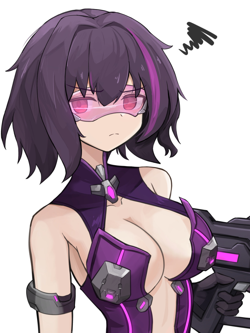 1girl absurdres armlet black_gloves black_hair breasts center_opening cleavage closed_mouth collarbone commentary commission english_commentary gamryous girls'_frontline gloves gun hair_between_eyes head-mounted_display highres holding holding_gun holding_weapon large_breasts leotard light_frown looking_at_viewer multicolored_hair purple_eyes purple_hair purple_leotard ripper_(girls'_frontline) sangvis_ferri short_hair simple_background solo squiggle streaked_hair upper_body weapon white_background
