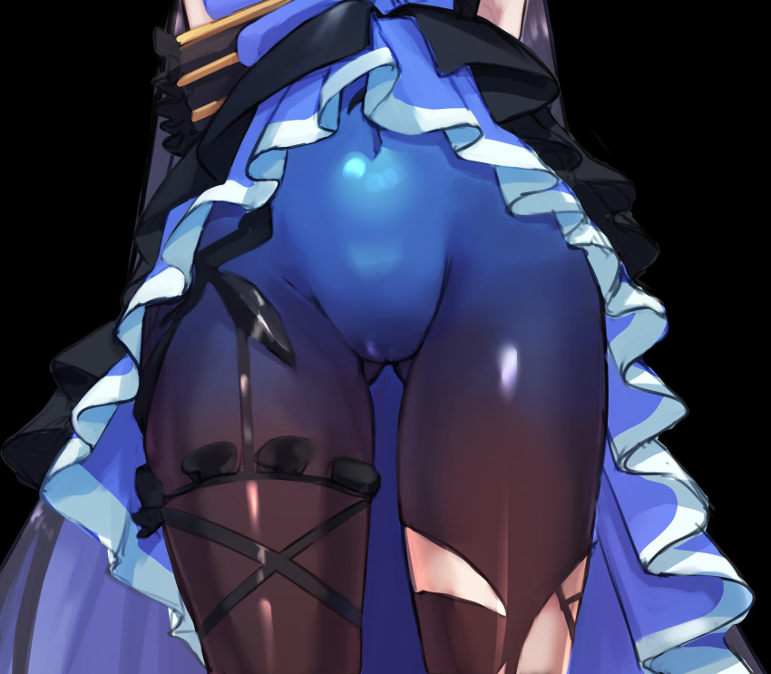 1girl absurdres ass_visible_through_thighs black_background black_pantyhose blue_dress blue_pantyhose close-up clothes_lift covered_navel cream_bread dress dress_lift gradient_legwear highres honkai_(series) honkai_impact_3rd pantyhose seele_vollerei seele_vollerei_(herrscher_of_rebirth) simple_background solo torn_clothes torn_pantyhose