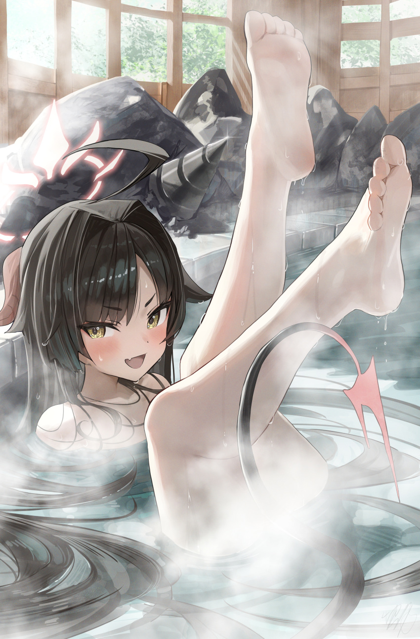 1girl absurdres ahoge bare_legs barefoot bathing black_hair blue_archive blush completely_nude demon_girl demon_horns demon_tail drill dripping fang feet foot_focus hair_intakes halo hidulume highres horns indoors kasumi_(blue_archive) legs legs_up long_hair nude onsen open_mouth partially_submerged ripples skin_fang soles solo steam tail toes very_long_hair yellow_eyes
