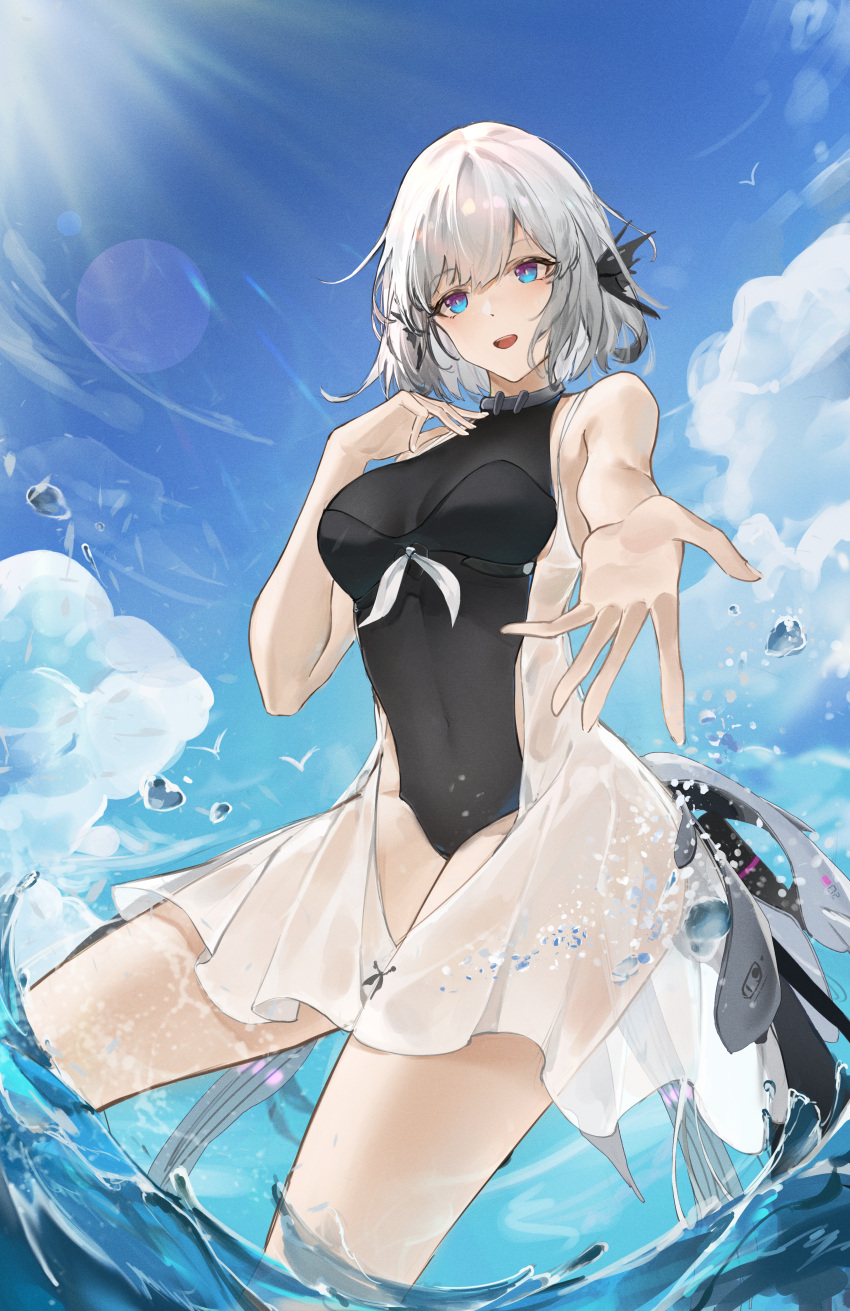 1girl absurdres bare_arms bare_shoulders black_one-piece_swimsuit blue_eyes cloud flantia gradient_eyes grey_hair hair_ornament highres liv:_luminance_(puella_subnautica)_(punishing:_gray_raven) liv:_luminance_(punishing:_gray_raven) liv_(punishing:_gray_raven) looking_at_viewer medium_hair multicolored_eyes ocean one-piece_swimsuit open_mouth punishing:_gray_raven purple_eyes see-through_swimsuit sidelocks sky solo swimsuit teeth upper_teeth_only