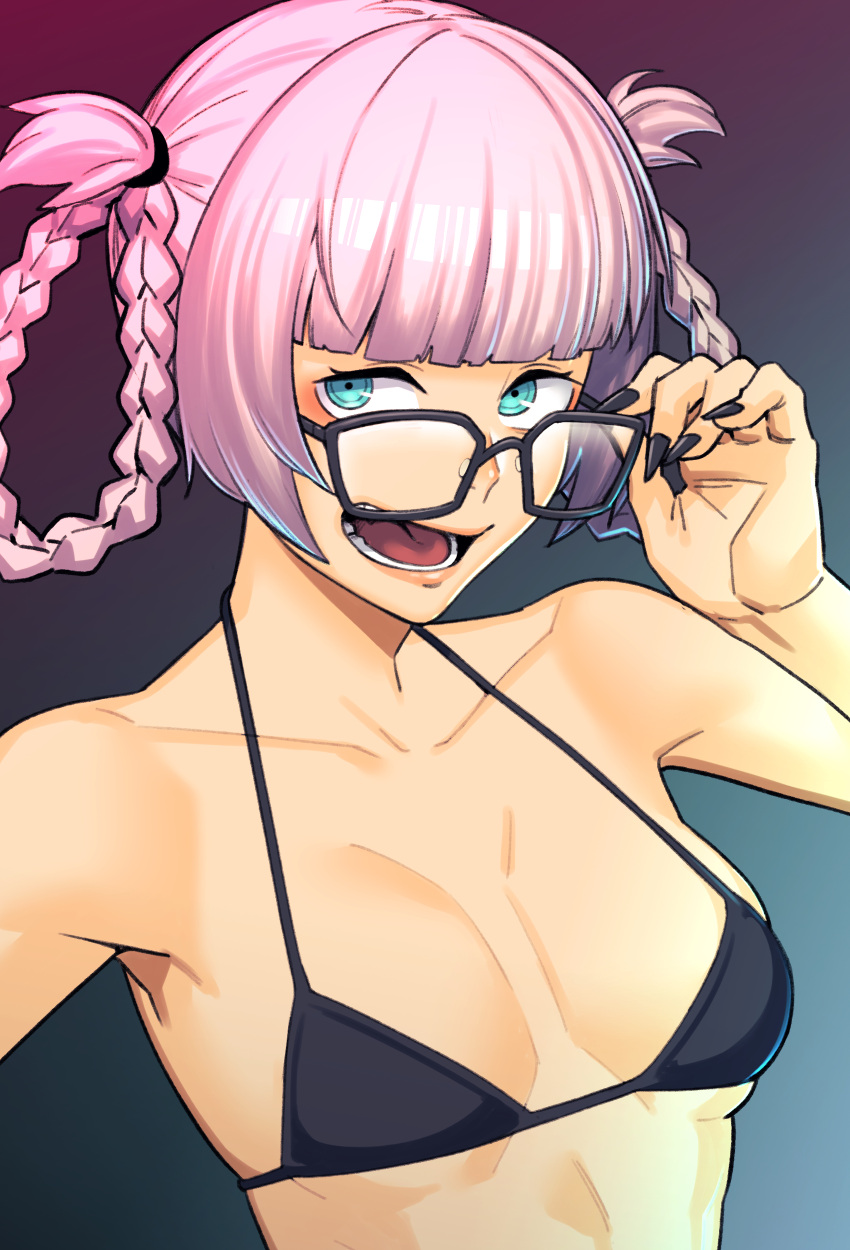 1girl absurdres adjusting_eyewear bikini bikini_top_only black_bikini black_nails blunt_bangs blush braid braided_hair_rings breasts crop_top dyun hair_rings hand_on_eyewear highres looking_at_viewer nail_polish nanakusa_nazuna_(yofukashi_no_uta) open_mouth pink_hair ringed_eyes short_hair simple_background smile solo string_bikini swimsuit tongue twin_braids upper_body yofukashi_no_uta