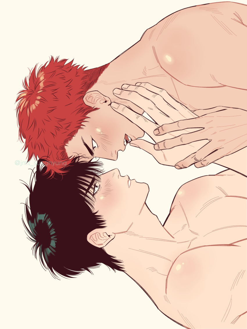 2boys bishounen black_eyes black_hair blush couple eye_contact finger_to_another's_mouth forehead-to-forehead heads_together highres imminent_kiss jmt_sungnyung looking_at_another male_focus multiple_boys open_mouth pectorals profile red_hair rukawa_kaede sakuragi_hanamichi short_hair slam_dunk_(series) toned toned_male topless_male upper_body yaoi yellow_background