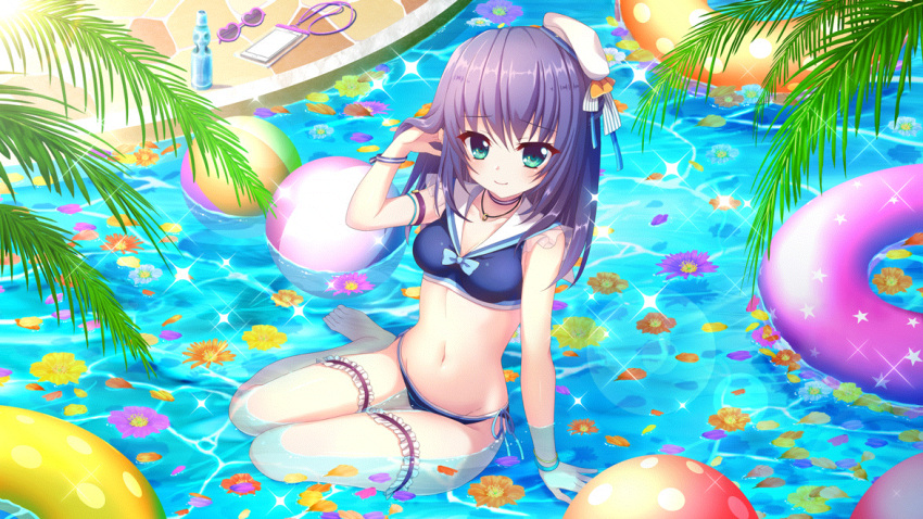 1girl aqua_bow aqua_eyes armband ball barefoot beachball bikini blue_bikini blue_hair bow breasts bridal_garter cellphone choker cleavage dot_nose film_grain flower from_above game_cg groin hand_in_own_hair hat heart heart-shaped_eyewear honjou_kasumi innertube izumi_tsubasu jewelry lens_flare long_hair looking_at_viewer medium_breasts navel necklace non-web_source official_art orange_flower orange_innertube petals petals_on_liquid phone pink_flower polka_dot polka_dot_innertube pool purple_flower purple_innertube ramune re:stage! red_flower sailor_bikini sailor_collar sailor_hat side-tie_bikini_bottom sitting smartphone smartphone_case smile solo sparkle sunglasses swimsuit tilted_headwear white_headwear white_sailor_collar wristband yellow_flower yellow_innertube yokozuwari