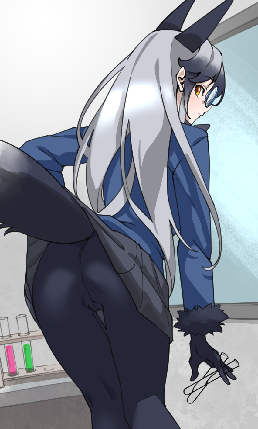 1girl absurdres animal_ears ass black_gloves black_pantyhose blue_jacket commentary extra_ears flask fox_ears fox_girl fox_tail from_behind frown fur-trimmed_sleeves fur_trim glasses gloves grey_hair grey_skirt highres holding holding_flask jacket kemono_friends long_hair long_sleeves looking_at_viewer looking_back orange_eyes pantyhose round_eyewear silver_fox_(kemono_friends) skirt solo tail tanabe_(fueisei) thigh_gap very_long_hair