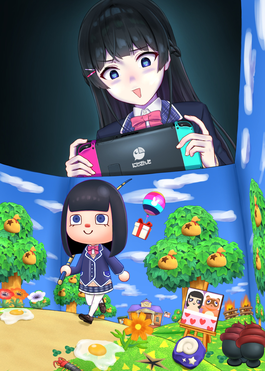 1girl absurdres animal_crossing balloon black_hair blazer blue_eyes blue_jacket bonfire bow bowtie braid bug canvas_(object) cardigan centipede collared_shirt commentary_request diorama egg_(food) eye_reflection fishing_rod flower food french_braid gift glowing hair_ornament hairclip handheld_game_console highres hime_cut holding holding_fishing_rod holding_handheld_game_console jacket loafers long_hair long_sleeves nijisanji nintendo_switch open_mouth orange_flower over_shoulder pink_bow pink_bowtie playing_games reflection riyokeyuzu sack shirt shoes thighhighs tom_nook_(animal_crossing) tree triangle_mouth tsukino_mito underlighting virtual_youtuber walking white_shirt white_thighhighs yellow_cardigan