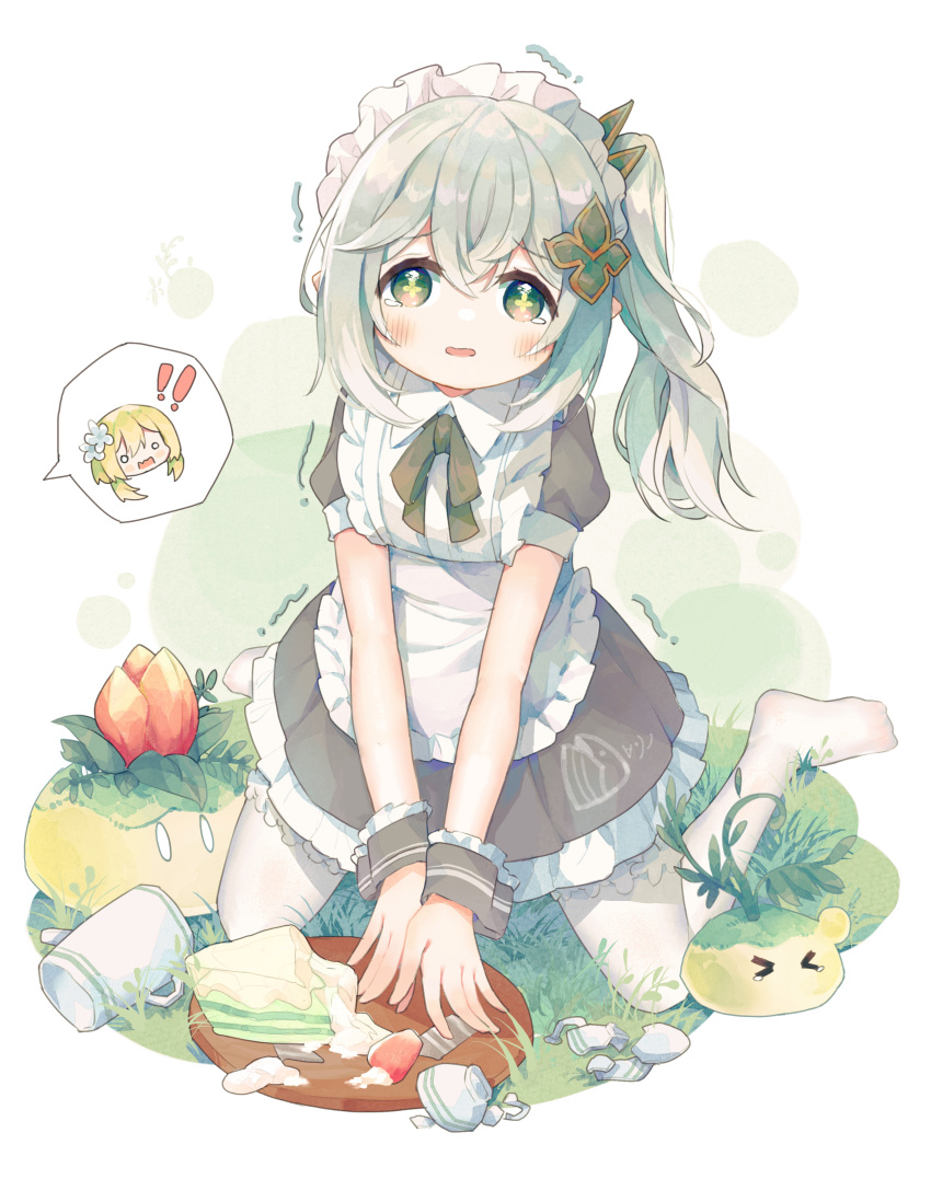 1girl :o absurdres alternate_costume apron blush bow bowtie cake crying crying_with_eyes_open dress enmaided food frilled_apron frilled_dress frills fruit genshin_impact grass green_bow green_bowtie green_eyes grey_hair hair_ornament highres kneeling lumine_(genshin_impact) maid maid_apron maid_headdress nahida_(genshin_impact) no_shoes pantyhose parted_lips pointy_ears sad slime_(genshin_impact) spoken_character strawberry strawberry_shortcake symbol-shaped_pupils teapot tears tray tripped v_arms white_apron white_pantyhose wrist_cuffs xianyuzi