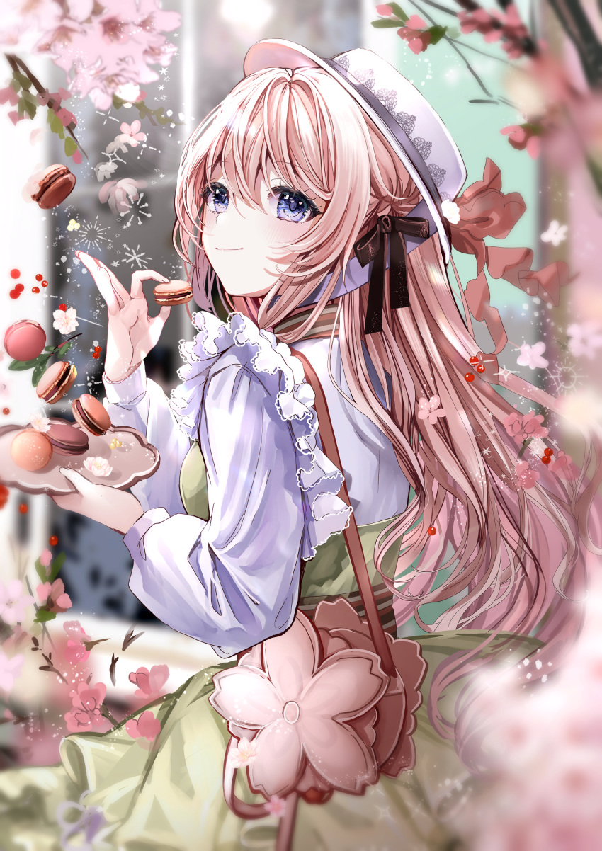 1girl bag bangs black_bow blue_eyes blush bow branch brown_hair cherry_blossoms closed_mouth commentary_request dress flower food from_behind green_dress hair_between_eyes hair_bow hands_up highres holding holding_food holding_plate long_hair long_sleeves macaron original pink_flower plate puffy_long_sleeves puffy_sleeves puracotte shirt shoulder_bag smile very_long_hair white_headwear white_shirt