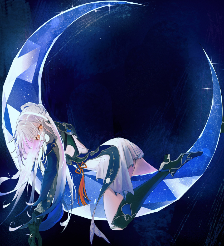 1girl absurdres bare_shoulders black_blindfold black_footwear black_gloves blindfold blue_sleeves crescent_moon dark_background detached_sleeves gloves high_ponytail highres honkai:_star_rail honkai_(series) jingliu_(honkai:_star_rail) long_hair looking_at_viewer looking_back lying moon on_stomach ponytail reaxzs red_eyes red_tassel skirt solo unworn_blindfold white_hair white_skirt