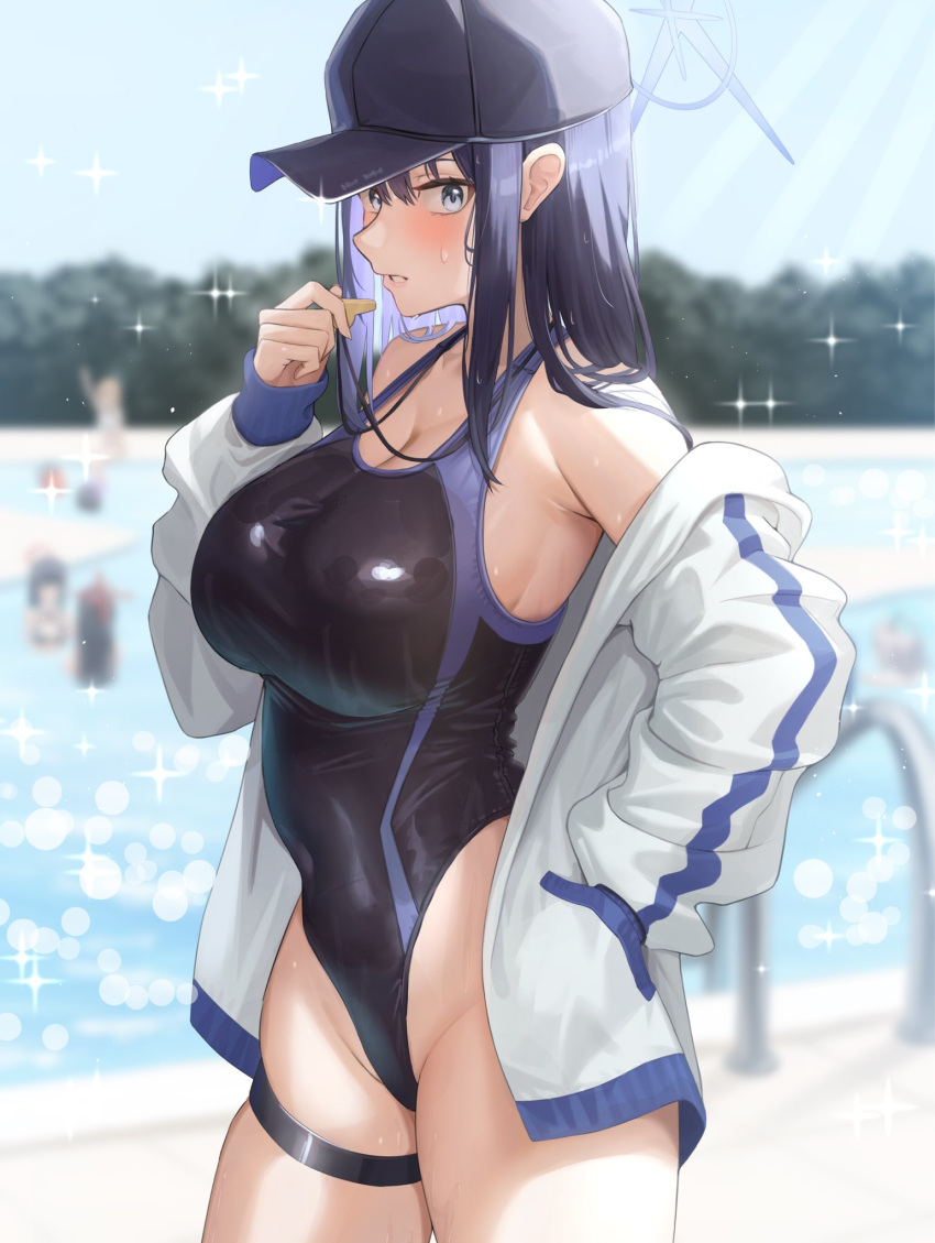 1girl alternate_costume bare_shoulders baseball_cap black_hair black_one-piece_swimsuit blue_archive blurry blush breasts competition_swimsuit covered_navel cowboy_shot day depth_of_field groin hand_in_pocket hat highleg highleg_swimsuit highres holding holding_whistle jacket large_breasts long_sleeves looking_at_viewer mutenka_(plfgb) off_shoulder one-piece_swimsuit open_clothes open_jacket outdoors pool saori_(blue_archive) solo_focus sparkle standing swimsuit thick_thighs thigh_strap thighs two-tone_swimsuit whistle white_jacket