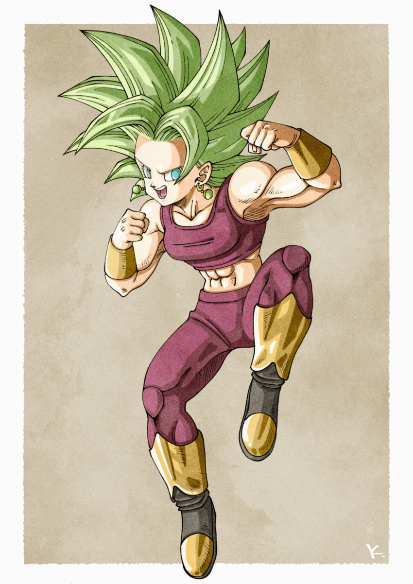 1girl abs blue_eyes boots character_request clenched_hands dragon_ball earrings green_hair highres jewelry kakeru_(dbskakeru) looking_at_viewer midriff muscular muscular_female open_mouth pants purple_pants purple_sports_bra simple_background solo spiked_hair sports_bra teeth toriyama_akira_(style)