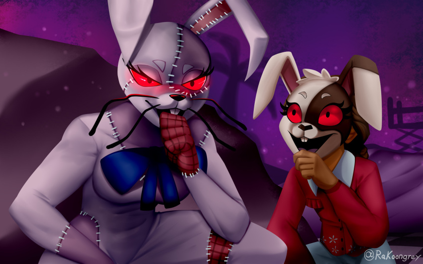 bunny_costume cassie_(fnaf) clothed clothing costume duo female five_nights_at_freddy's five_nights_at_freddy's:_security_breach five_nights_at_freddy's:_security_breach_ruin glowing glowing_eyes hi_res human looking_at_another looking_at_viewer mammal open_mouth parody rakoongrey red_sclera scottgames steel_wool_studios vanny_(fnaf)