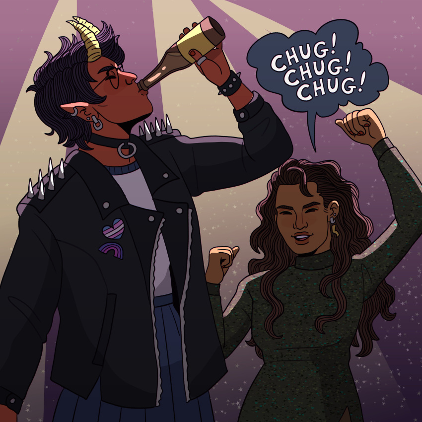 2_horns absurd_res beverage bisexual bottle clothed clothing container dialogue drawfee_(copyright) drawga drinking duo english_text female fully_clothed hair hi_res horn horned_humanoid human humanoid jacket legbone_(drawga) lgbt_pride male mammal rabdoidal speech_bubble text tiefling topwear trans_(lore) trans_woman_(lore)