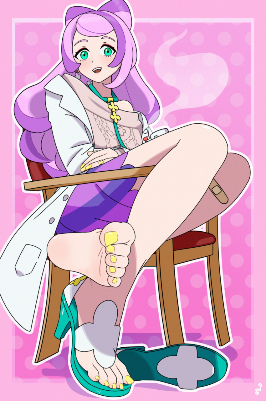 1girl absurdres aqua_eyes aqua_footwear artist_logo bandaid bandaid_on_knee bandaid_on_leg barefoot brown_shirt chair coat crossed_legs cup earrings eyelashes feet foot_focus foreshortening full_body high_heels highres jacket jewelry labcoat legs long_hair looking_at_viewer miriam_(pokemon) mohoshadream mug nail_polish open_clothes open_coat open_mouth pink_background pink_eyeliner pokemon pokemon_(game) pokemon_sv purple_hair purple_skirt sandals shadow shirt sidelocks sitting skirt soles solo steam stethoscope striped striped_skirt teeth toe_scrunch toenail_polish toenails toes upper_teeth_only white_coat white_jacket yellow_nails