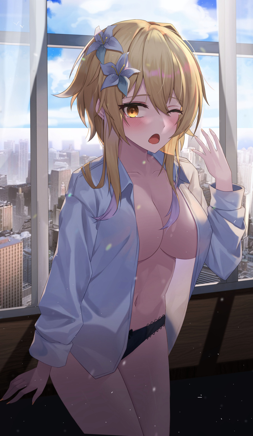 1girl absurdres black_panties blonde_hair blush bow bow_panties breasts cityscape cleavage collarbone curtains flower genshin_impact hair_flower hair_ornament hidel highres indoors large_breasts lily_(flower) looking_at_viewer lumine_(genshin_impact) naked_shirt navel one_eye_closed open_mouth panties shirt short_hair_with_long_locks solo tears underwear waking_up white_flower white_shirt window yawning yellow_eyes