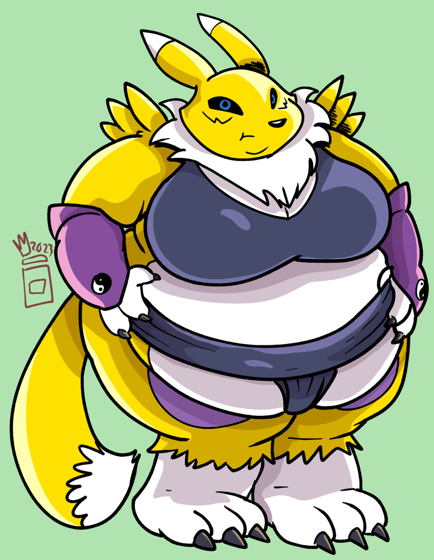 2023 anthro asian_clothing bandai_namco belly big_belly big_breasts breasts claws clothing digimon digimon_(species) ears_back east_asian_clothing female fur hand_on_stomach hi_res japanese_clothing looking_at_viewer mawashi mouth_closed obese obese_anthro obese_female overweight overweight_anthro overweight_female pivoted_ears renamon royaljellysandwich signature solo standing sumo sumo_wrestler toe_claws topwear white_belly yellow_body yellow_fur