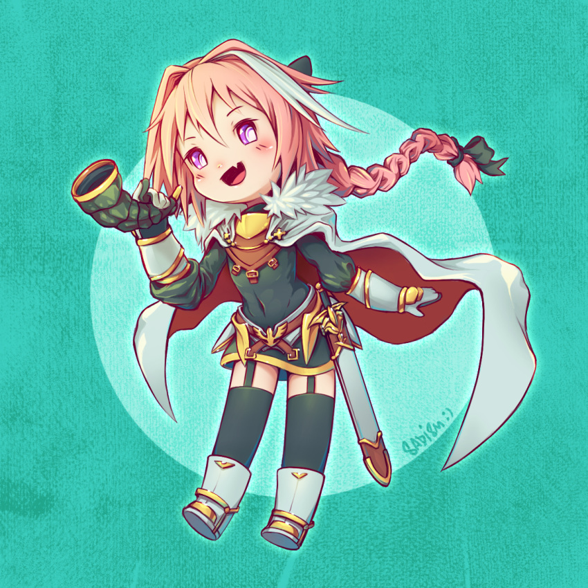 1boy astolfo_(fate) black_bow blush boots bow braid cape covered_navel fang fate/apocrypha fate_(series) full_body garter_straps gloves hair_bow holding holding_instrument horn_(instrument) instrument long_hair long_sleeves multicolored_hair open_mouth otoko_no_ko purple_eyes sdmsadism signature skin_fang solo streaked_hair white_cape white_footwear white_gloves