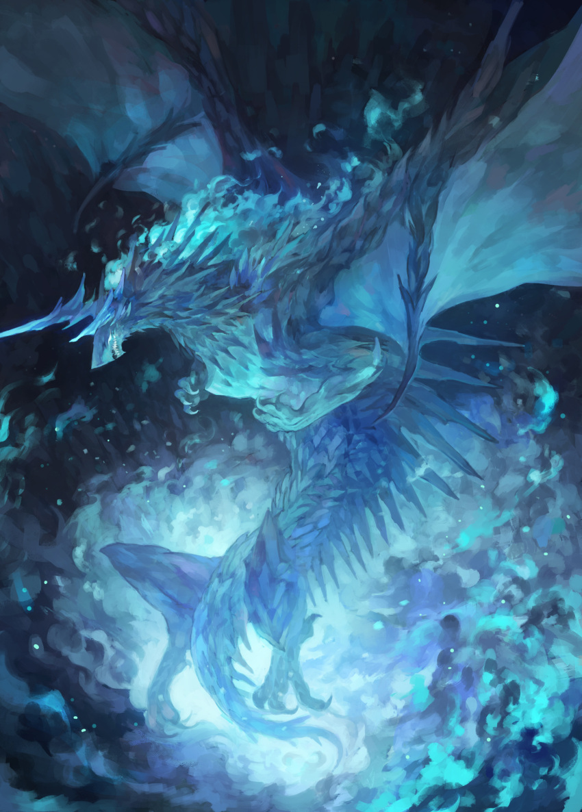 absurdres blue_background blue_fire blue_theme dragon fantasy fire glowing highres no_humans open_mouth pixiv_fantasia pixiv_fantasia_last_saga sakaya313 wings