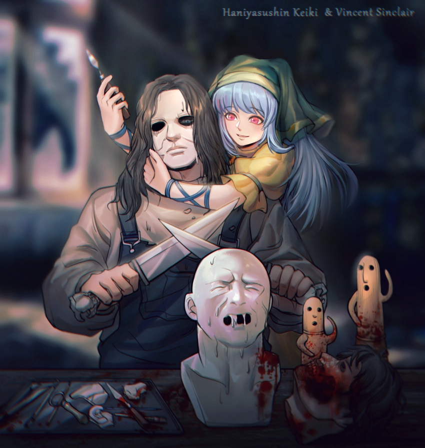 1boy 1girl apron black_hair blood blood_splatter blue_eyes blue_hair blue_overalls broken_window bust_(sculpture) character_name chin closed_eyes crossover decapitation dress dual_wielding expressionless frilled_sleeves frills green_apron green_headwear half_mask hand_on_another's_chin haniwa_(statue) haniyasushin_keiki head_only head_scarf highres holding holding_knife house_of_wax_(2005_movie) hug ina_zuma indoors knife long_hair long_sleeves mask melting overalls pain pink_eyes puffy_long_sleeves puffy_short_sleeves puffy_sleeves shirt short_sleeves single_empty_eye smile tools touhou tray upper_body vincent_sinclair wax white_shirt yellow_dress